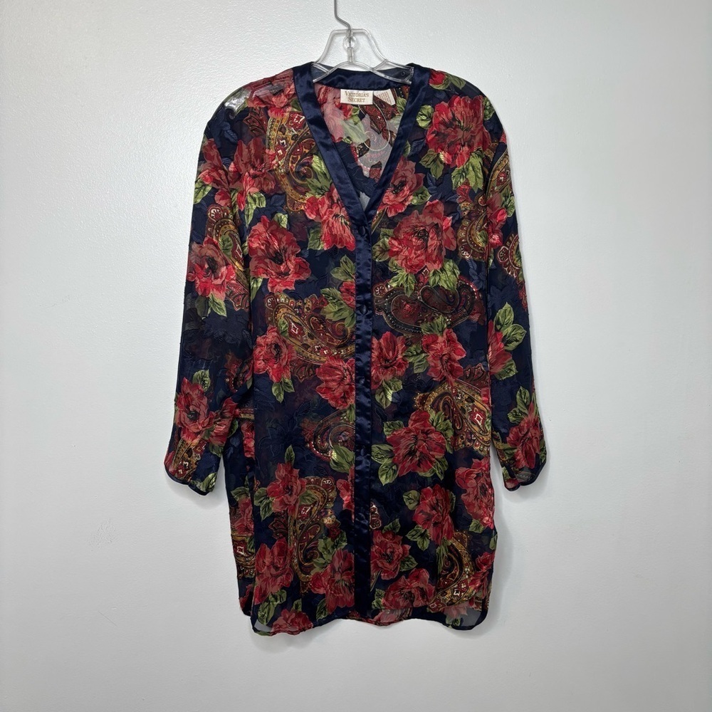 Victoria’s Secret Sheer Floral Paisley Robe Women’s P/S Navy Red Satin Trim